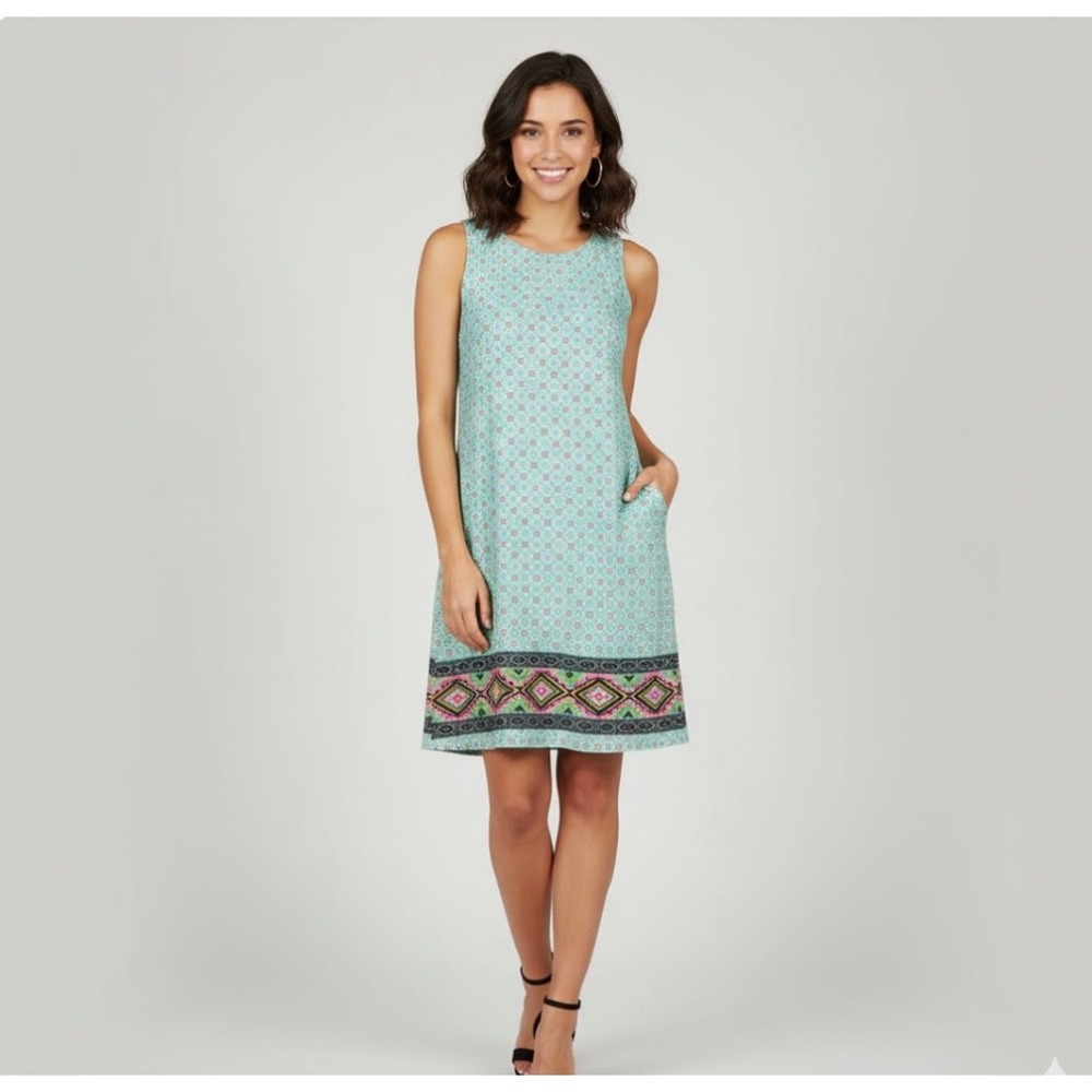 Skies Are Blue Shift Dress Women S Teal Pink‎ Geometric Tribal Pockets Boho
